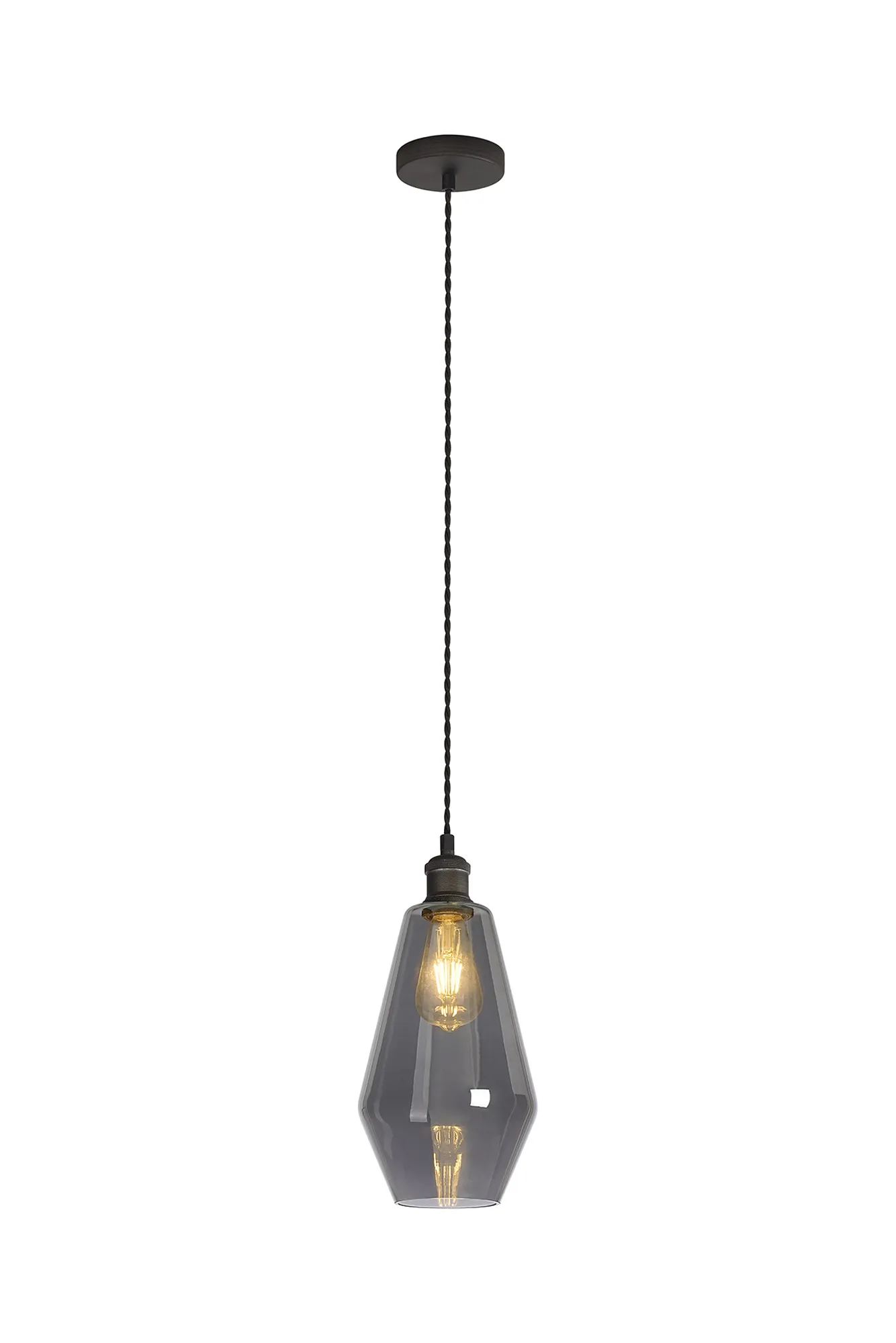 Cawdor Single Pendant, 1 Light E27, Pewter/Dark Grey/Smoke Kite Glass DK1142  Deco Cawdor